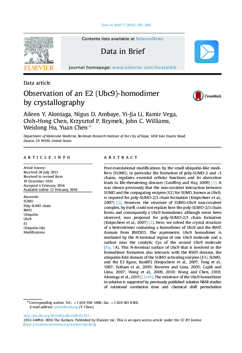 Observation of an E2 (Ubc9)-homodimer by crystallography