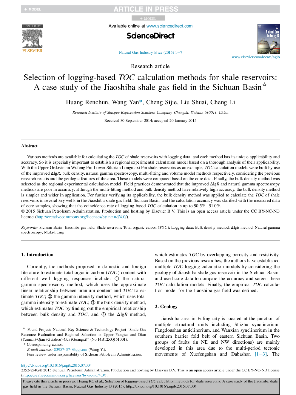 Selection of logging-based TOC calculation methods for shale reservoirs: A case study of the Jiaoshiba shale gas field in the Sichuan Basin