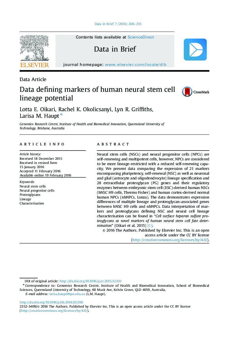 Data defining markers of human neural stem cell lineage potential