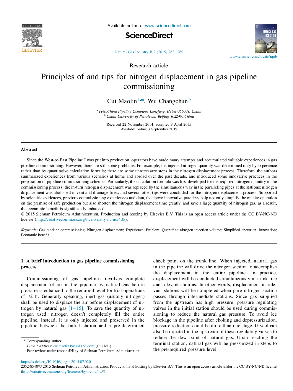 Principles of and tips for nitrogen displacement in gas pipeline commissioning