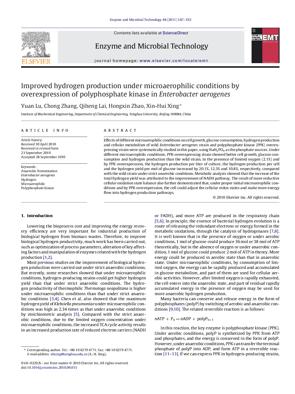 Improved hydrogen production under microaerophilic conditions by overexpression of polyphosphate kinase in Enterobacter aerogenes