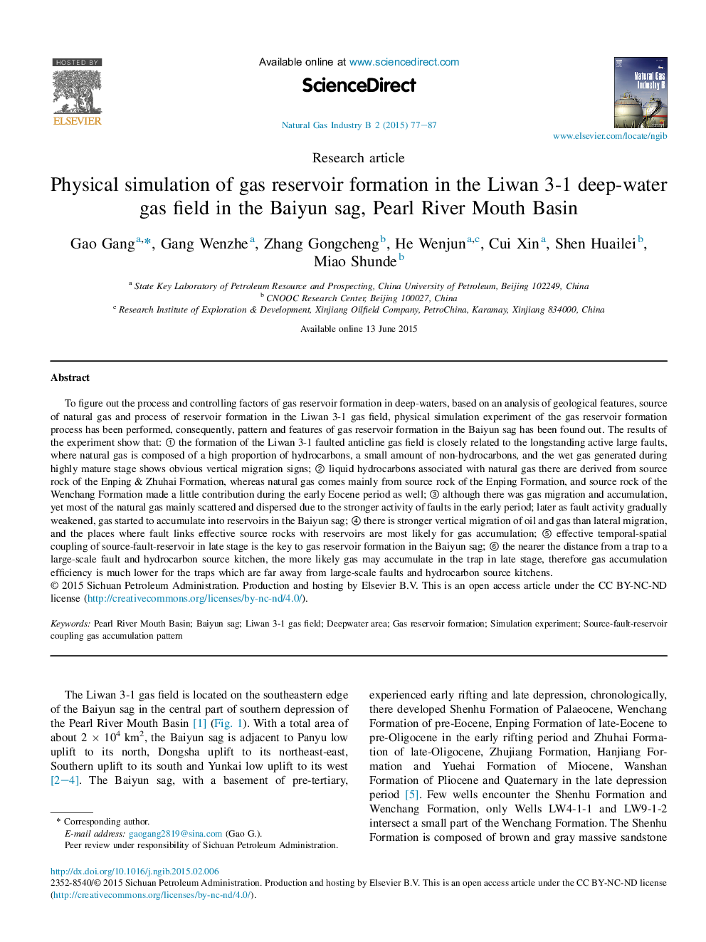 Physical simulation of gas reservoir formation in the Liwan 3-1 deep-water gas field in the Baiyun sag, Pearl River Mouth Basin 