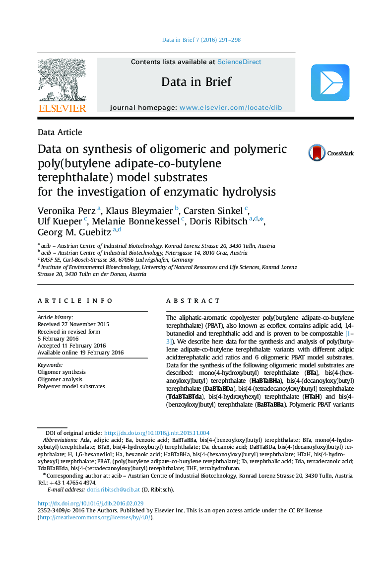 Data on synthesis of oligomeric and polymeric poly(butylene adipate-co-butylene terephthalate) model substrates for the investigation of enzymatic hydrolysis