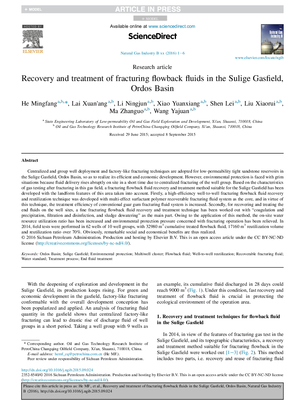 Recovery and treatment of fracturing flowback fluids in the Sulige Gasfield, Ordos Basin