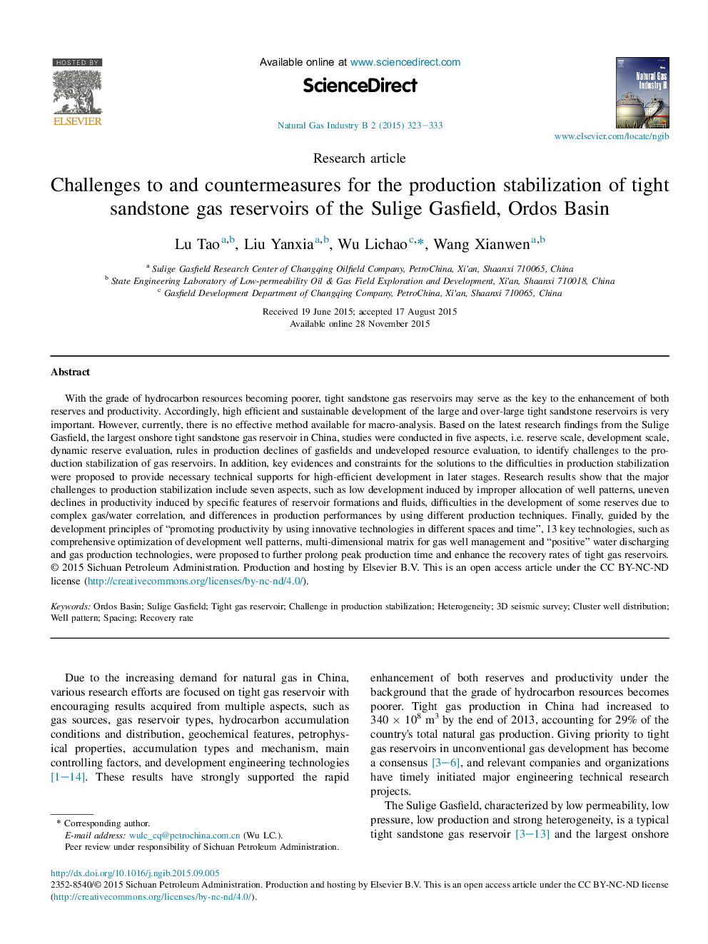 Challenges to and countermeasures for the production stabilization of tight sandstone gas reservoirs of the Sulige Gasfield, Ordos Basin 