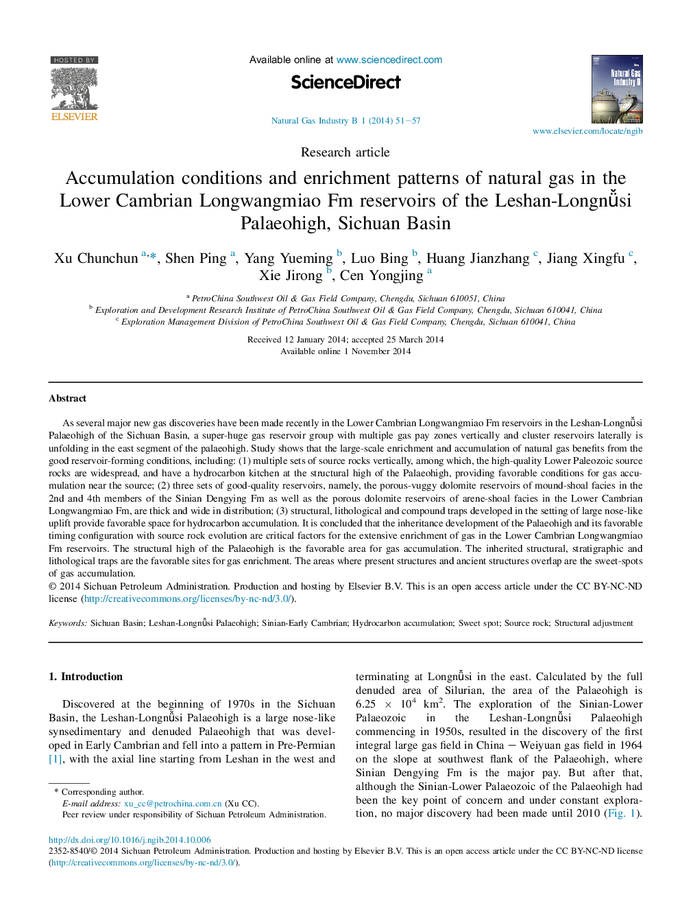 Accumulation conditions and enrichment patterns of natural gas in the Lower Cambrian Longwangmiao Fm reservoirs of the Leshan-Longnǚsi Palaeohigh, Sichuan Basin 