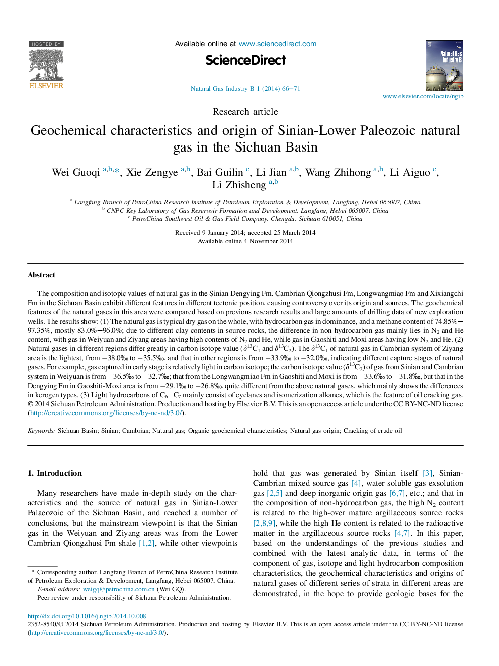 Geochemical characteristics and origin of Sinian-Lower Paleozoic natural gas in the Sichuan Basin 