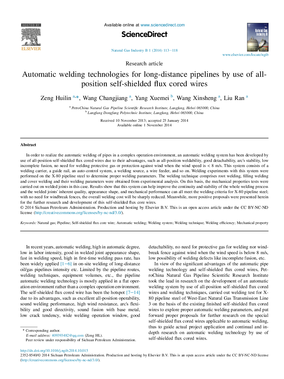 Automatic welding technologies for long-distance pipelines by use of all-position self-shielded flux cored wires 