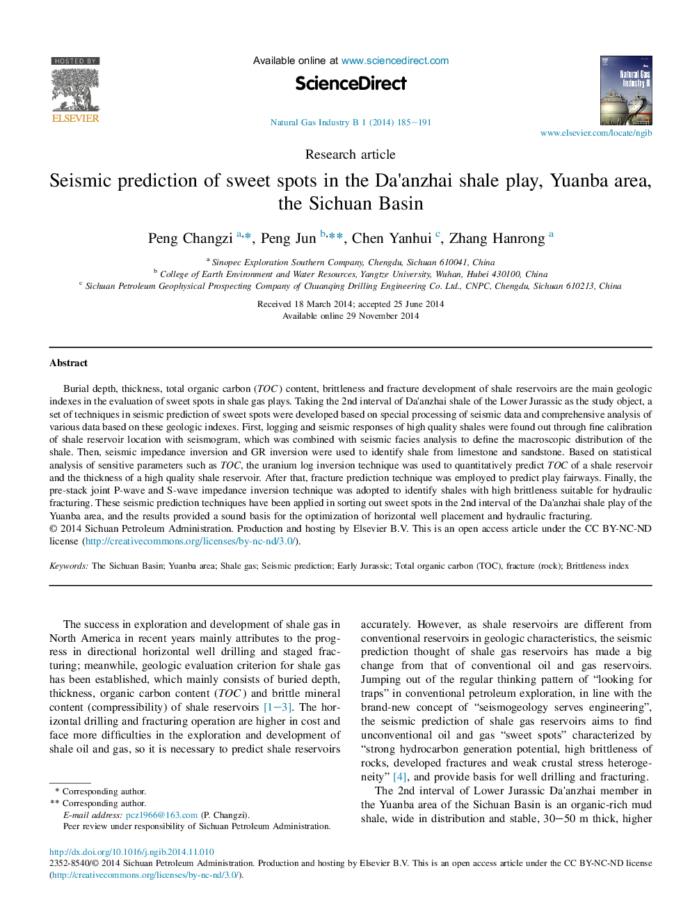 Seismic prediction of sweet spots in the Da'anzhai shale play, Yuanba area, the Sichuan Basin 