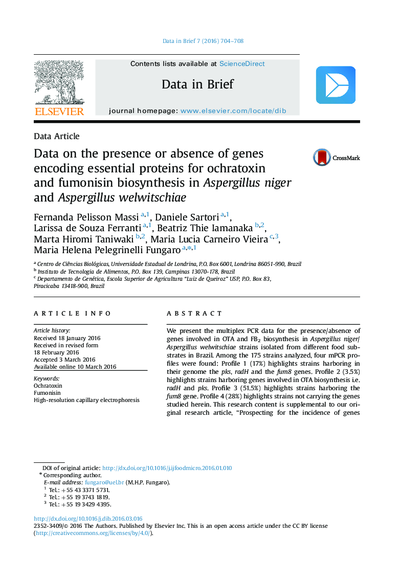 Data on the presence or absence of genes encoding essential proteins for ochratoxin and fumonisin biosynthesis in Aspergillus niger and Aspergillus welwitschiae