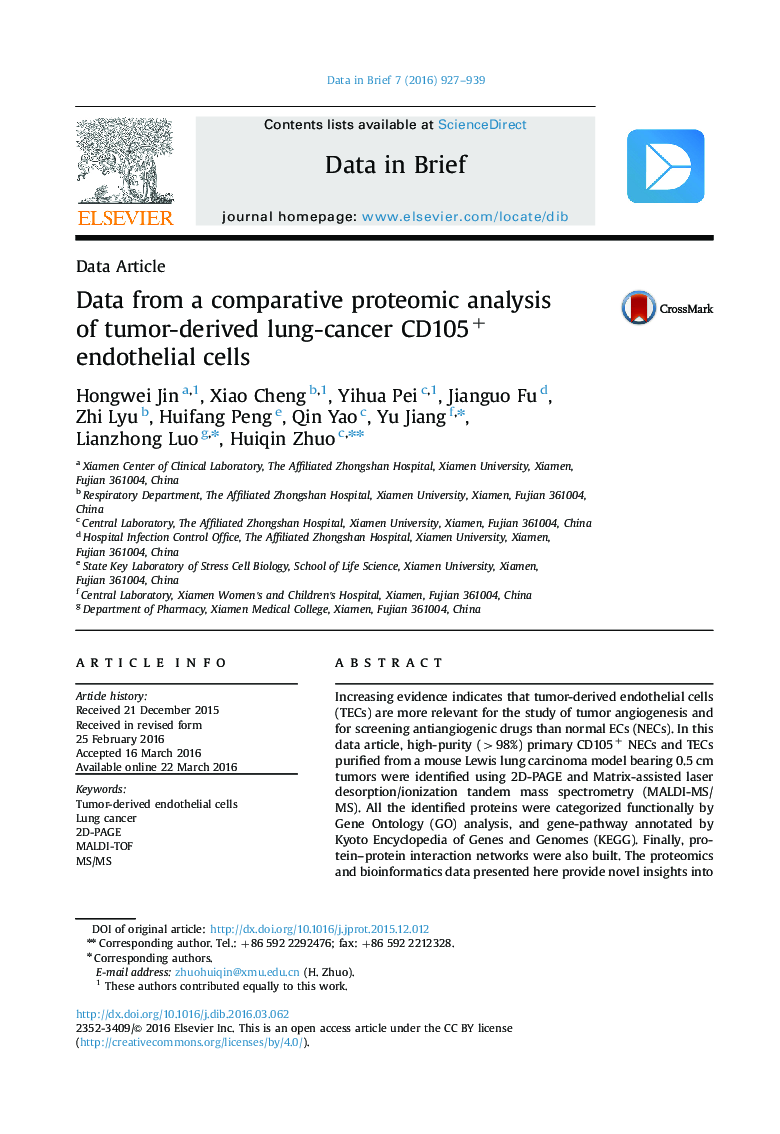 Data from a comparative proteomic analysis of tumor-derived lung-cancer CD105+ endothelial cells