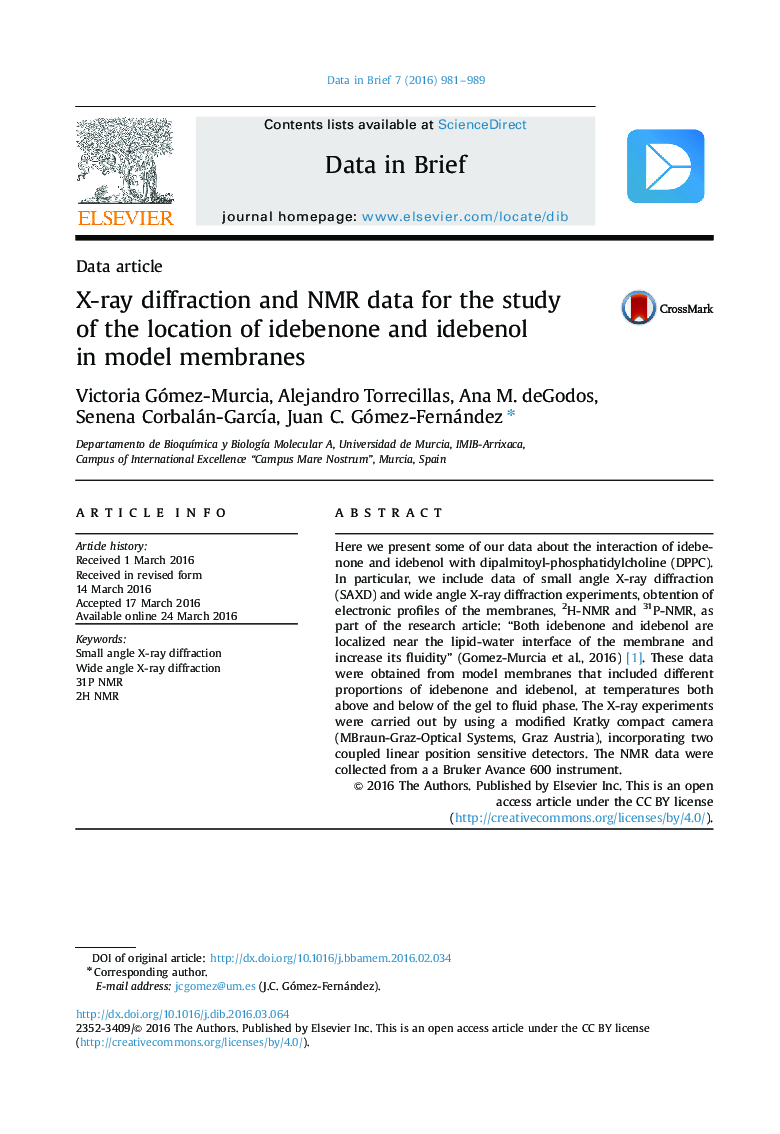 X-ray diffraction and NMR data for the study of the location of idebenone and idebenol in model membranes