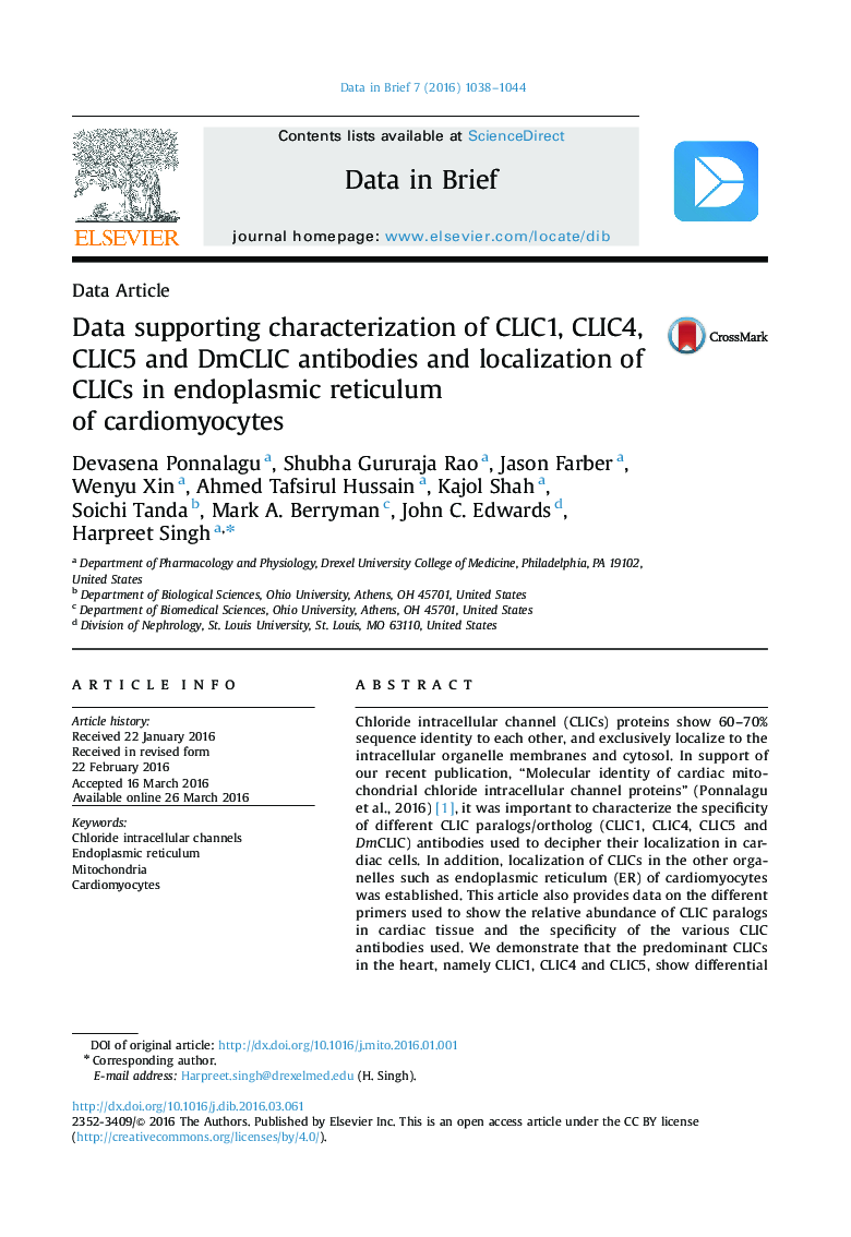 Data supporting characterization of CLIC1, CLIC4, CLIC5 and DmCLIC antibodies and localization of CLICs in endoplasmic reticulum of cardiomyocytes