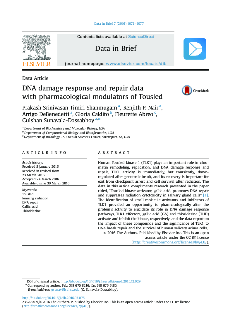 DNA damage response and repair data with pharmacological modulators of Tousled