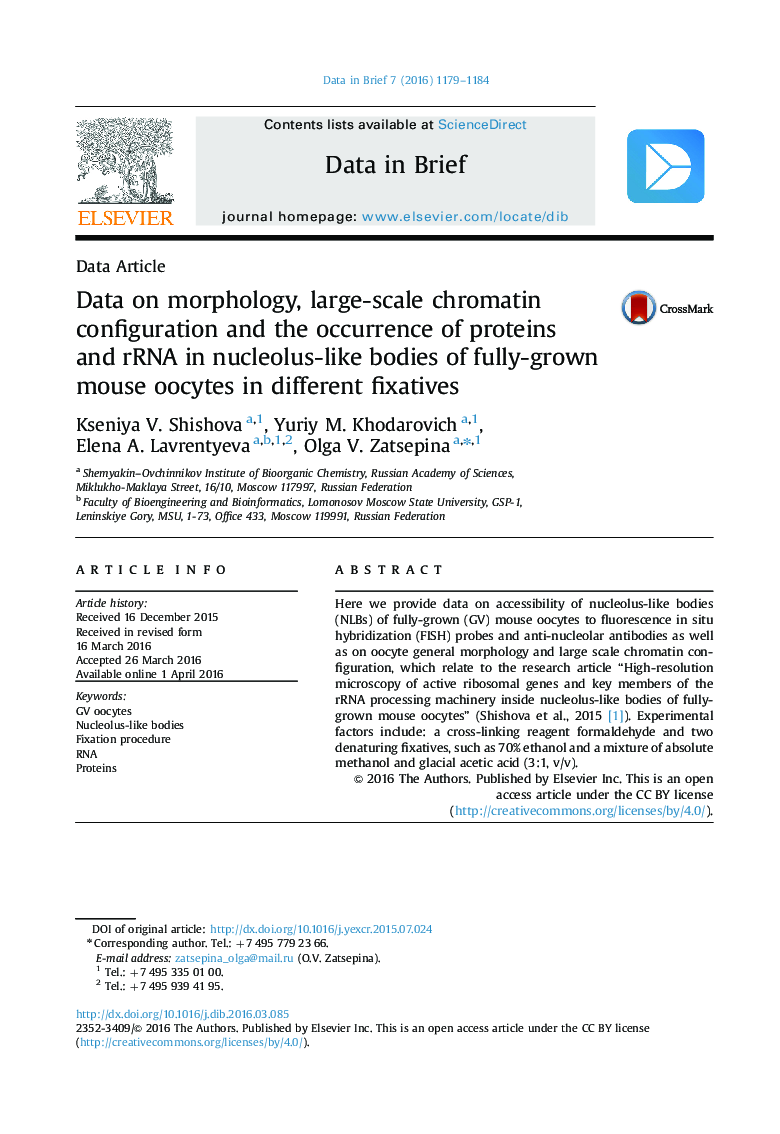 Data on morphology, large-scale chromatin configuration and the occurrence of proteins and rRNA in nucleolus-like bodies of fully-grown mouse oocytes in different fixatives