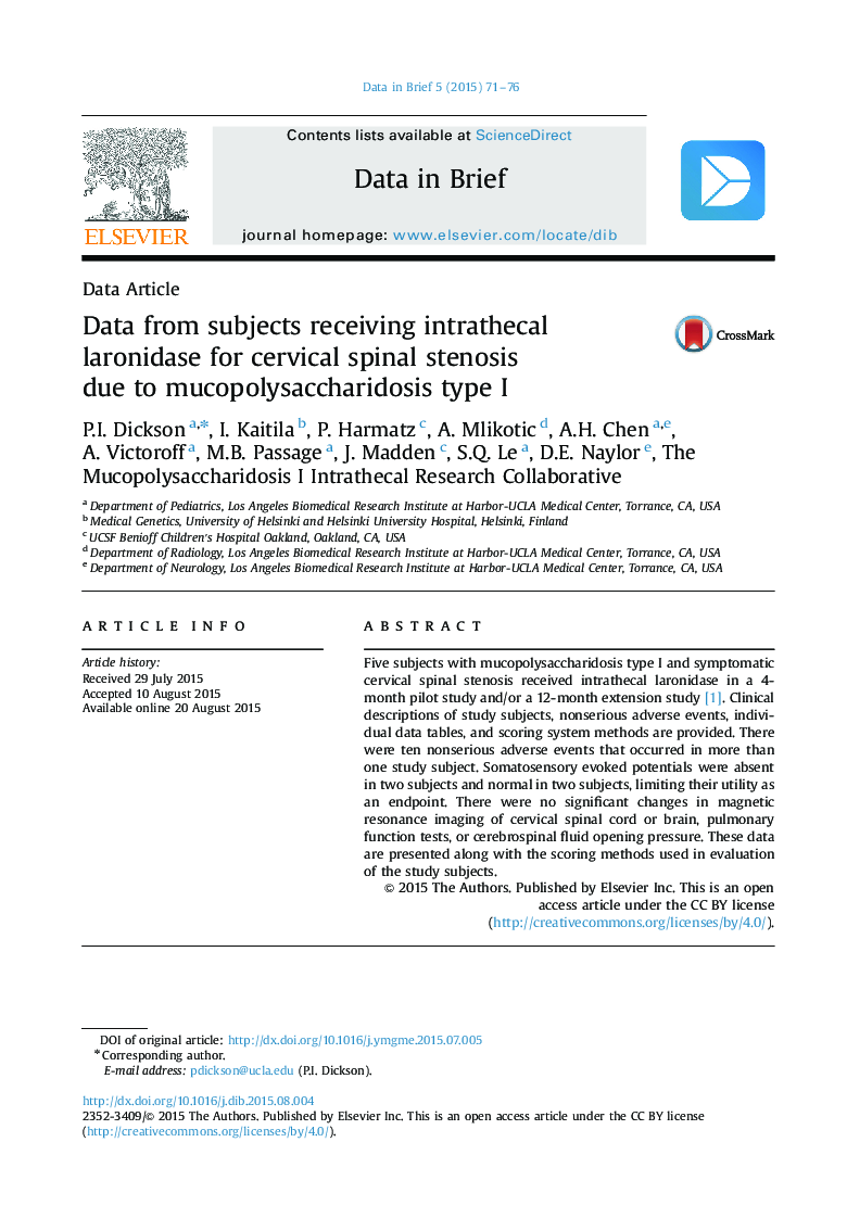 Data from subjects receiving intrathecal laronidase for cervical spinal stenosis due to mucopolysaccharidosis type I