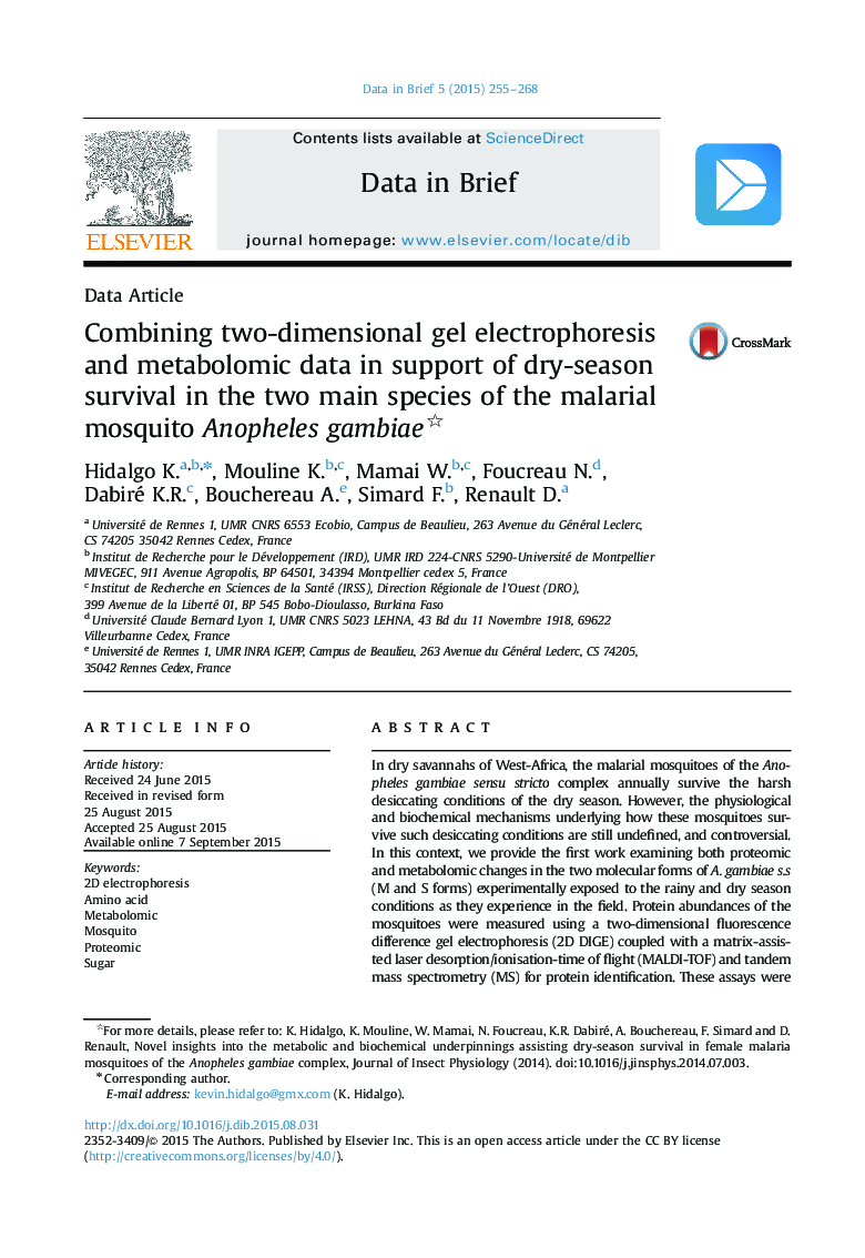 Combining two-dimensional gel electrophoresis and metabolomic data in support of dry-season survival in the two main species of the malarial mosquito Anopheles gambiae 