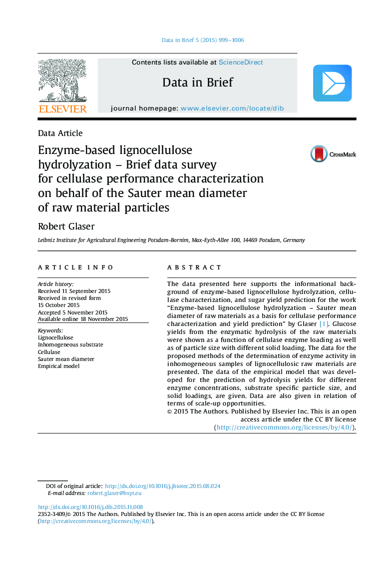 Enzyme-based lignocellulose hydrolyzation – Brief data survey for cellulase performance characterization on behalf of the Sauter mean diameter of raw material particles