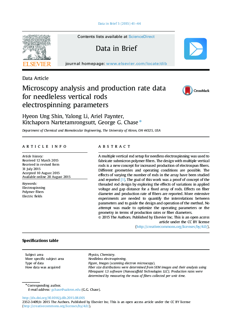 Microscopy analysis and production rate data for needleless vertical rods electrospinning parameters