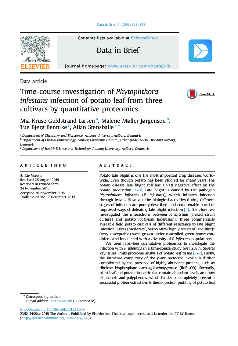 Time-course investigation of Phytophthora infestans infection of potato leaf from three cultivars by quantitative proteomics