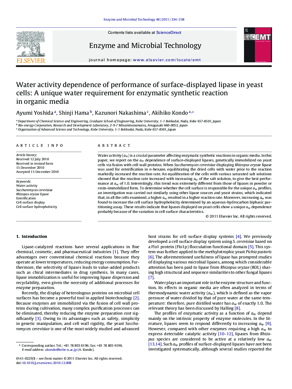 Water activity dependence of performance of surface-displayed lipase in yeast cells: A unique water requirement for enzymatic synthetic reaction in organic media