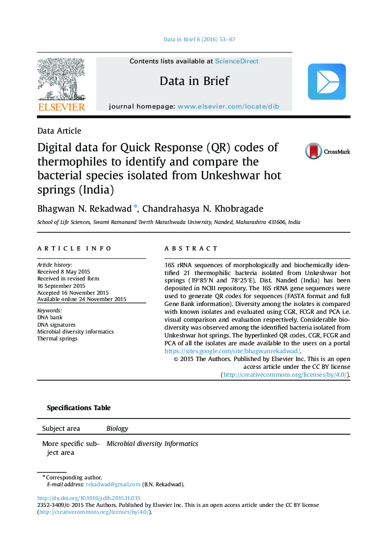 Digital data for Quick Response (QR) codes of thermophiles to identify and compare the bacterial species isolated from Unkeshwar hot springs (India)