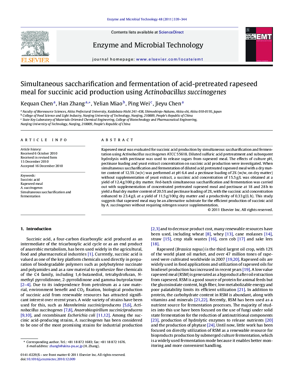 Simultaneous saccharification and fermentation of acid-pretreated rapeseed meal for succinic acid production using Actinobacillus succinogenes