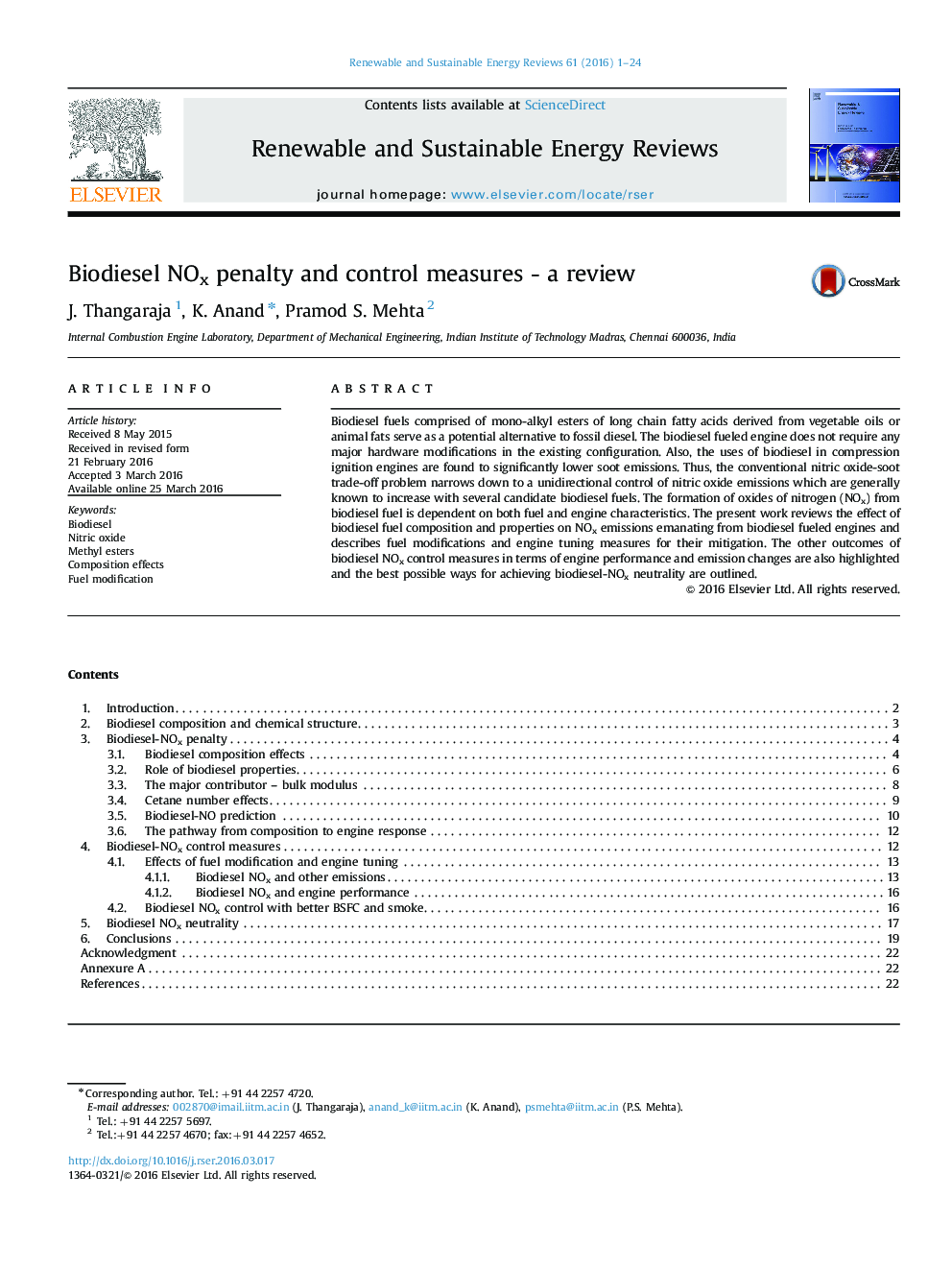 Biodiesel NOx penalty and control measures - a review