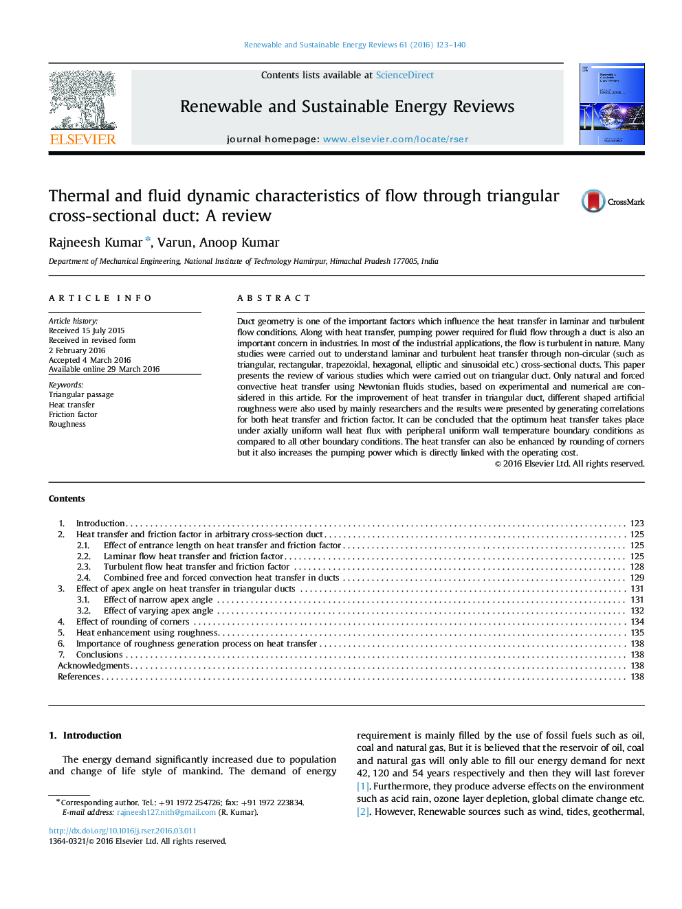 Thermal and fluid dynamic characteristics of flow through triangular cross-sectional duct: A review