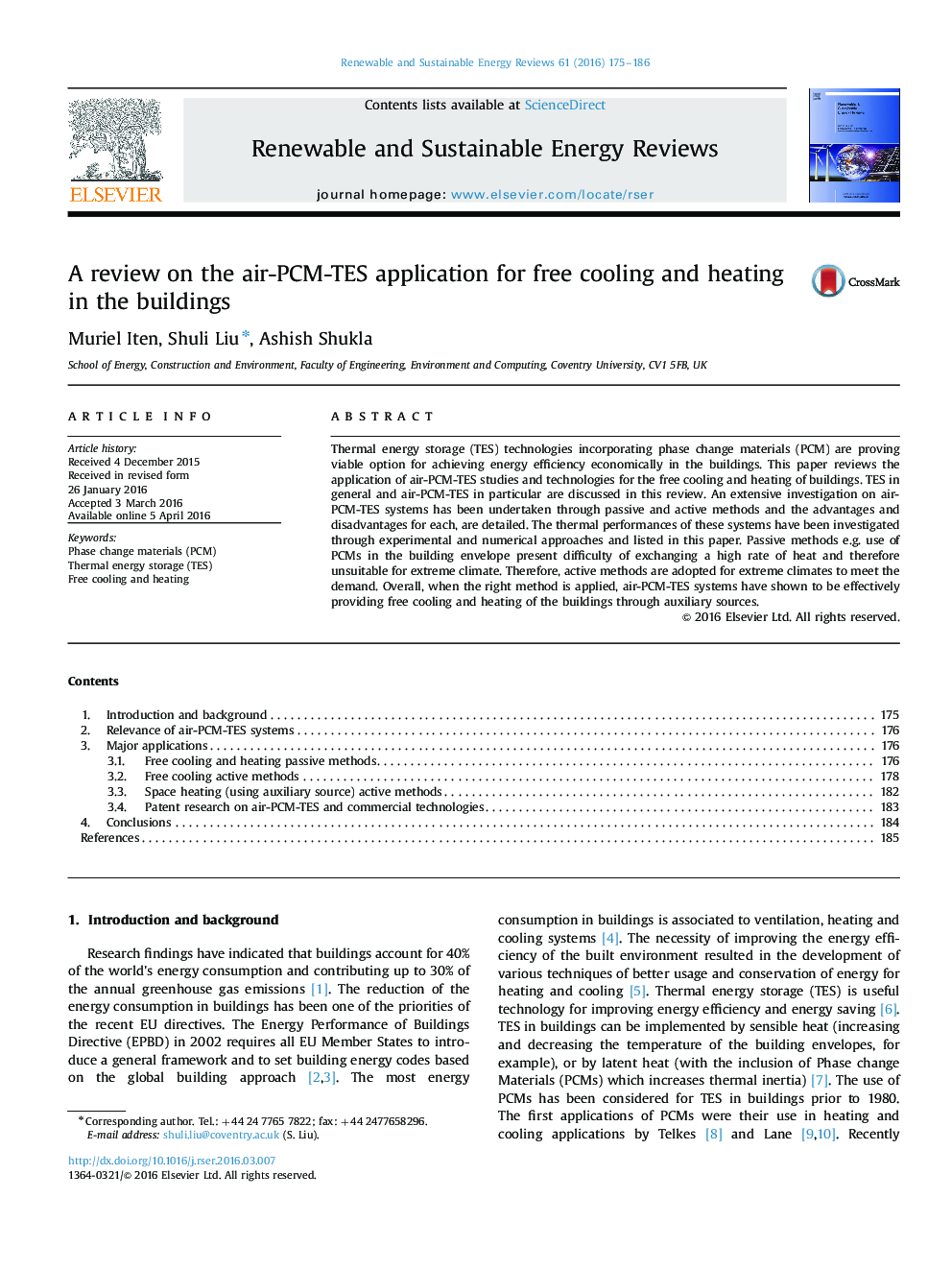 A review on the air-PCM-TES application for free cooling and heating in the buildings