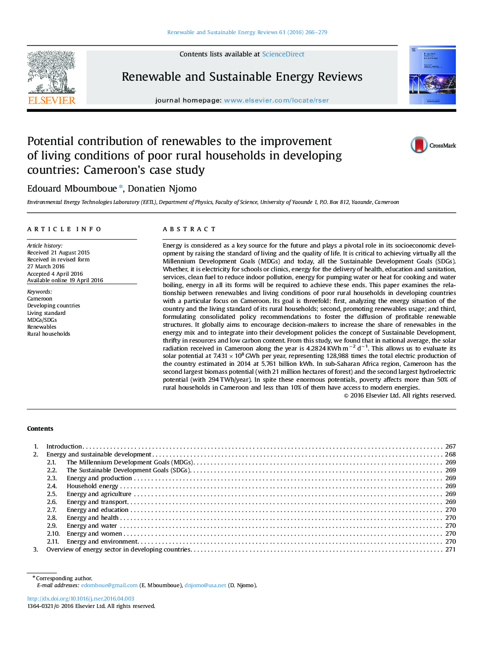 Potential contribution of renewables to the improvement of living conditions of poor rural households in developing countries: Cameroon׳s case study