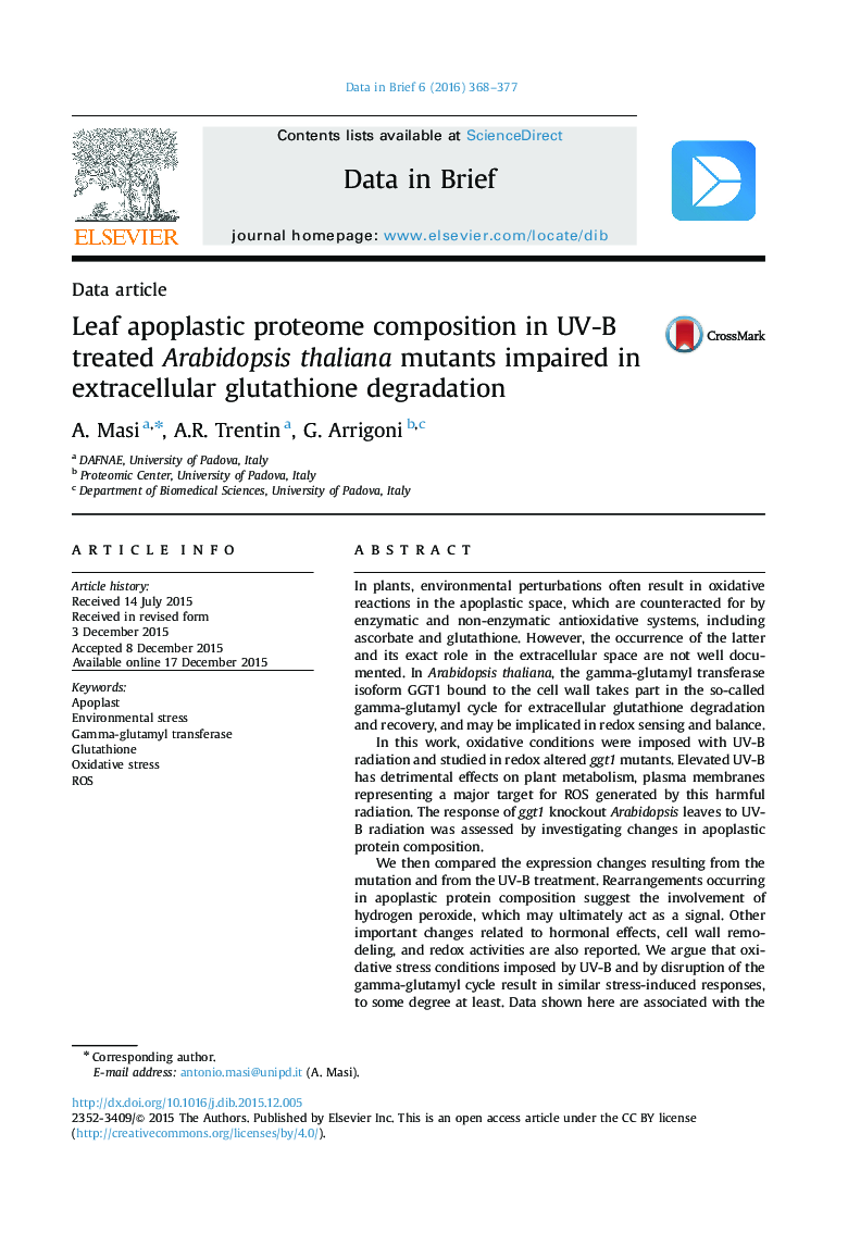 عکس صفحه اول مقاله: Leaf apoplastic proteome composition in UV-B treated Arabidopsis thaliana mutants impaired in extracellular glutathione degradation Leaf apoplastic proteome composition in UV-B treated Arabidopsis thaliana mutants impaired in extracellular glutathione degradation