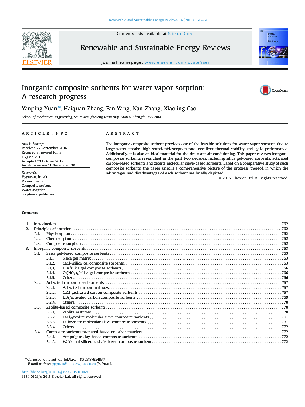 Inorganic composite sorbents for water vapor sorption: A research progress