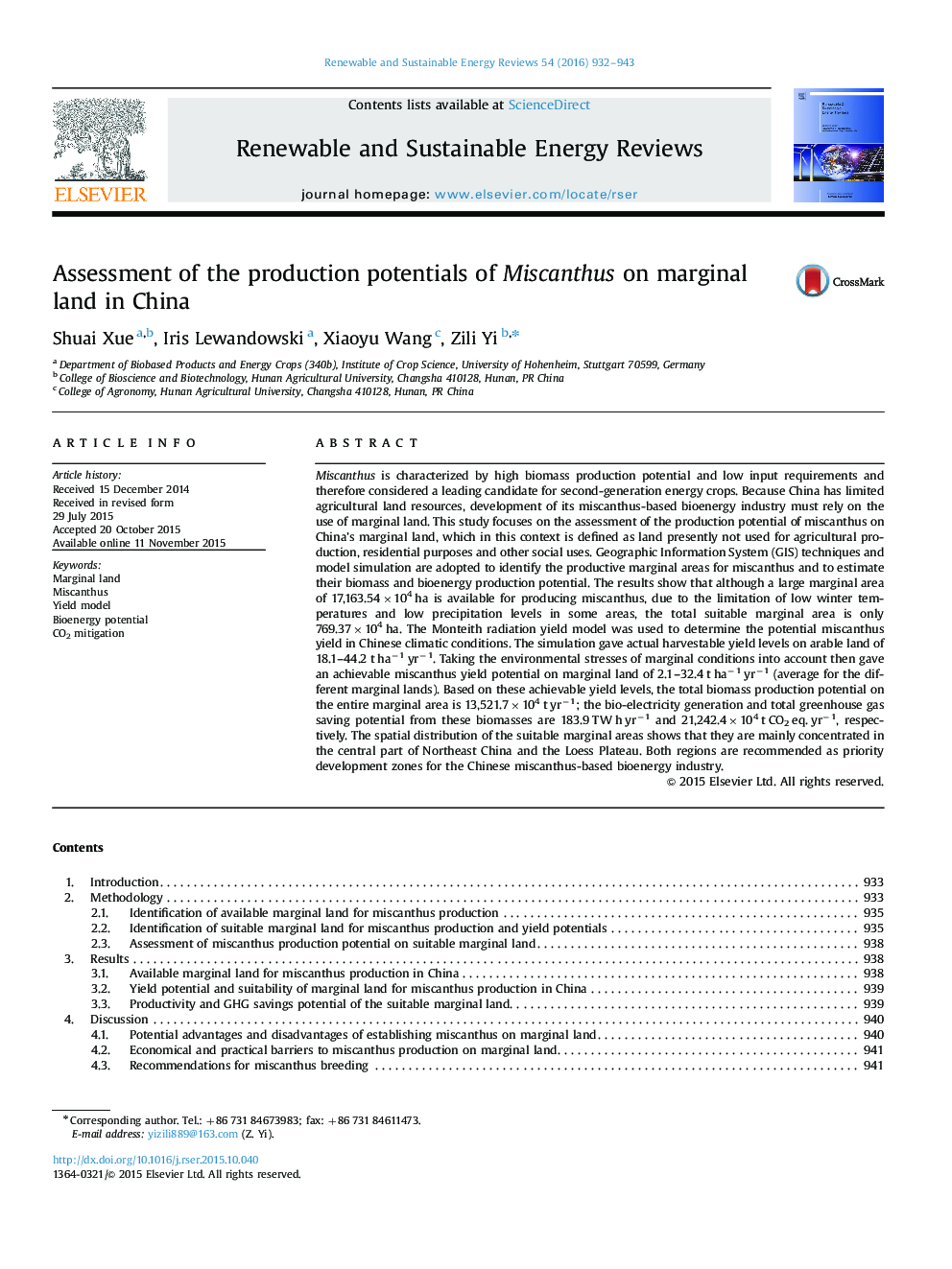 عکس صفحه اول مقاله: Assessment of the production potentials of Miscanthus on marginal land in China Assessment of the production potentials of Miscanthus on marginal land in China