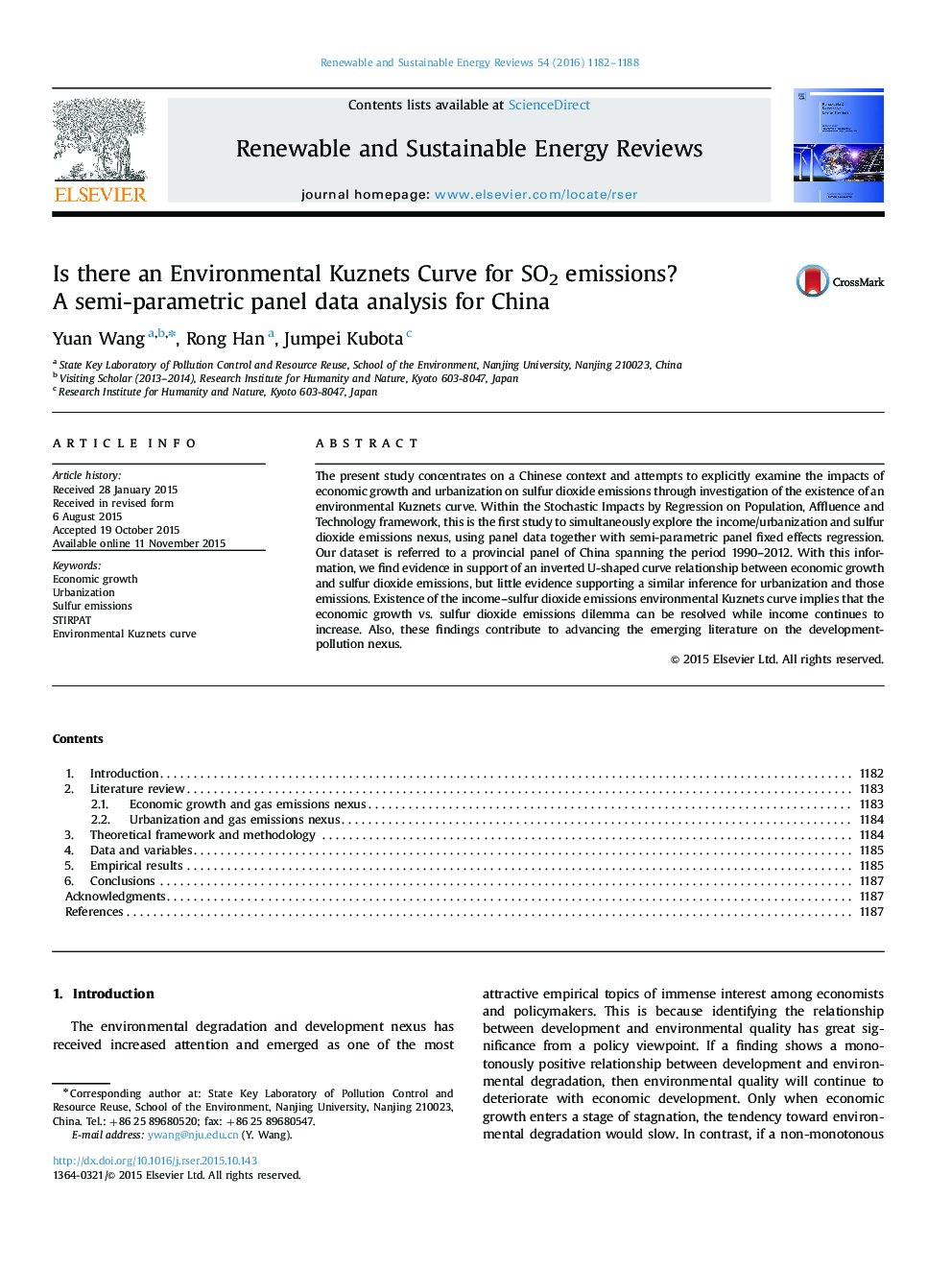 Is there an Environmental Kuznets Curve for SO2 emissions? A semi-parametric panel data analysis for China