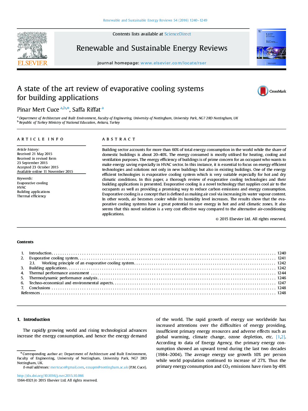 A state of the art review of evaporative cooling systems for building applications