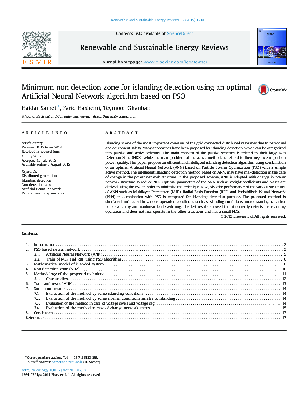 Minimum non detection zone for islanding detection using an optimal Artificial Neural Network algorithm based on PSO