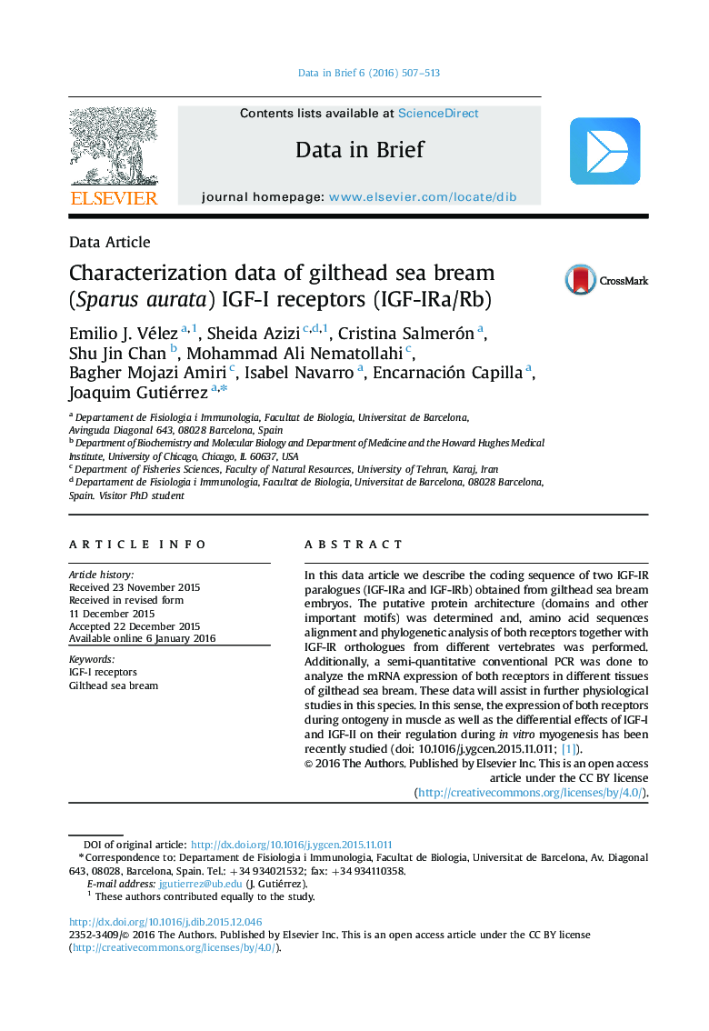 Characterization data of gilthead sea bream (Sparus aurata) IGF-I receptors (IGF-IRa/Rb)