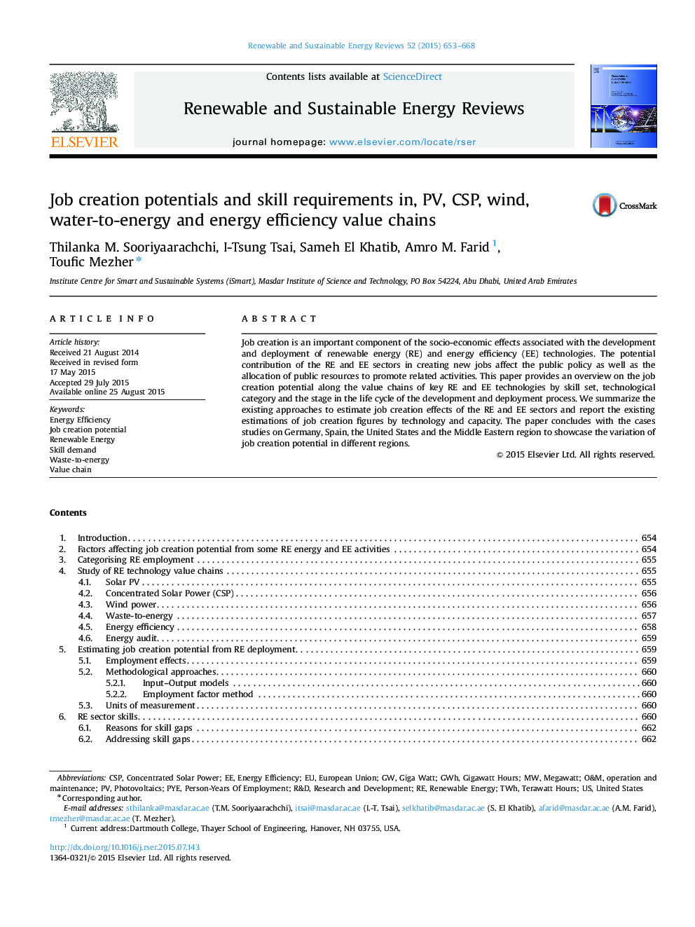 Job creation potentials and skill requirements in, PV, CSP, wind, water-to-energy and energy efficiency value chains