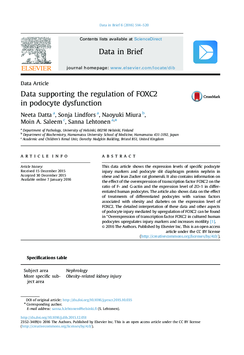 عکس صفحه اول مقاله: Data supporting the regulation of FOXC2 in podocyte dysfunction Data supporting the regulation of FOXC2 in podocyte dysfunction