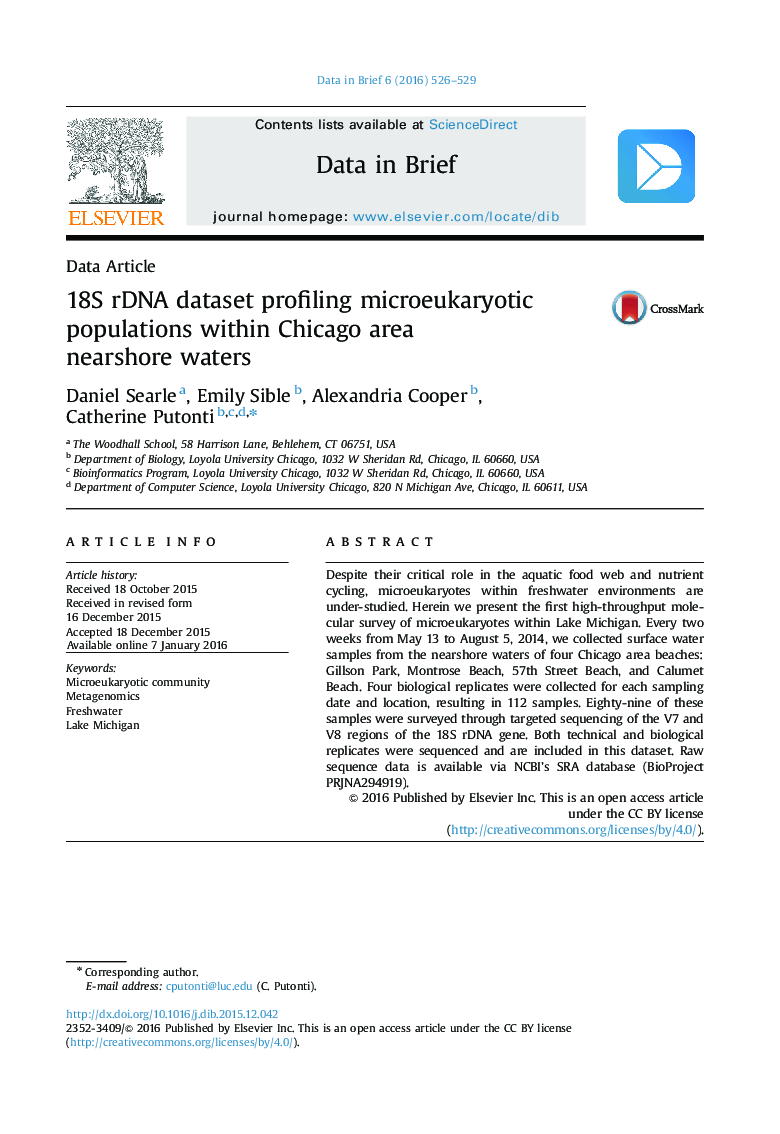 18S rDNA dataset profiling microeukaryotic populations within Chicago area nearshore waters