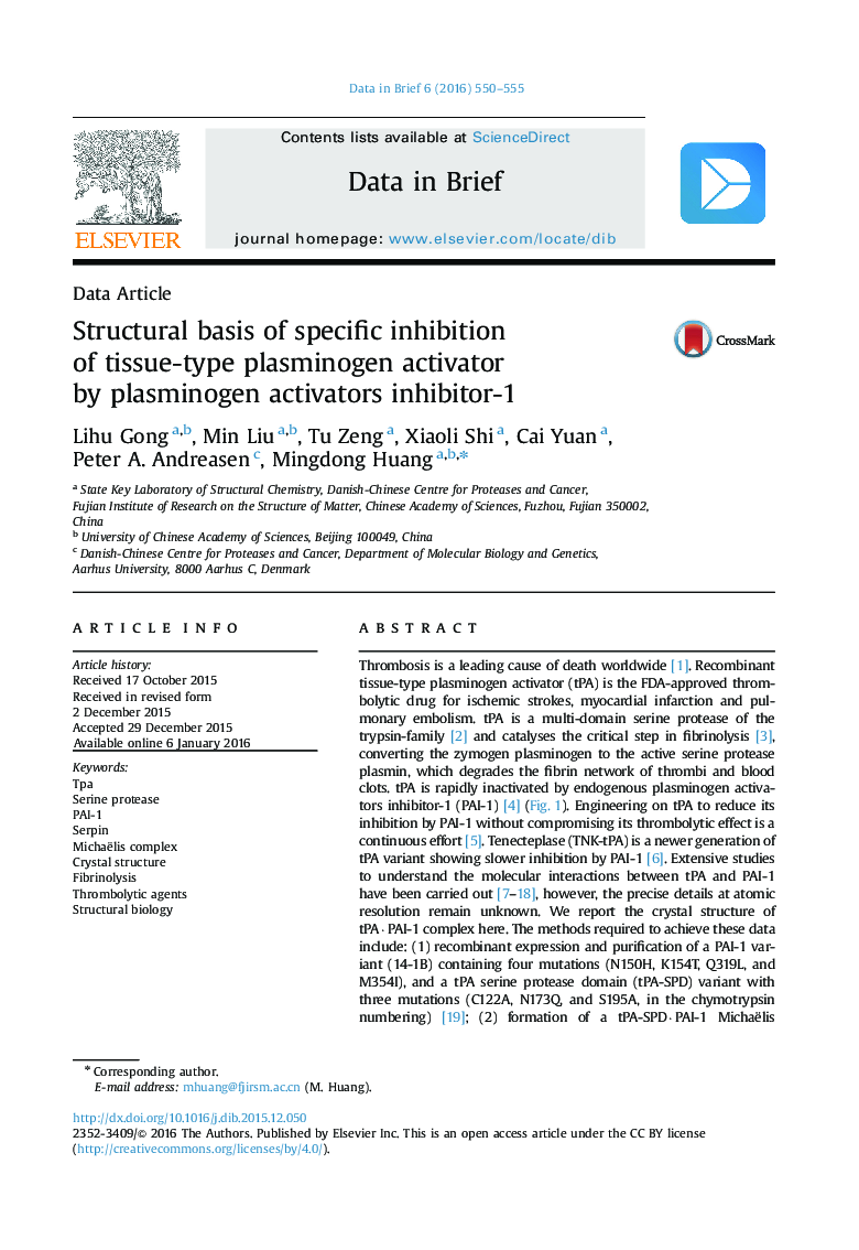 Structural basis of specific inhibition of tissue-type plasminogen activator by plasminogen activators inhibitor-1