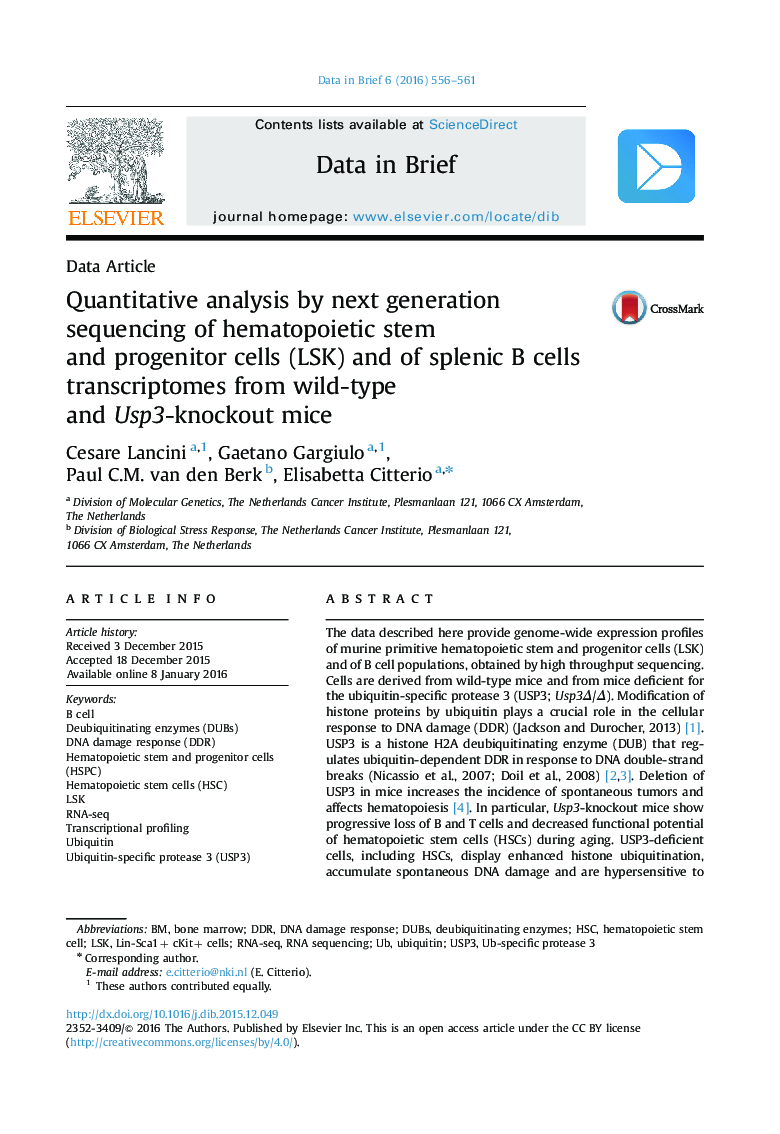 Quantitative analysis by next generation sequencing of hematopoietic stem and progenitor cells (LSK) and of splenic B cells transcriptomes from wild-type and Usp3-knockout mice