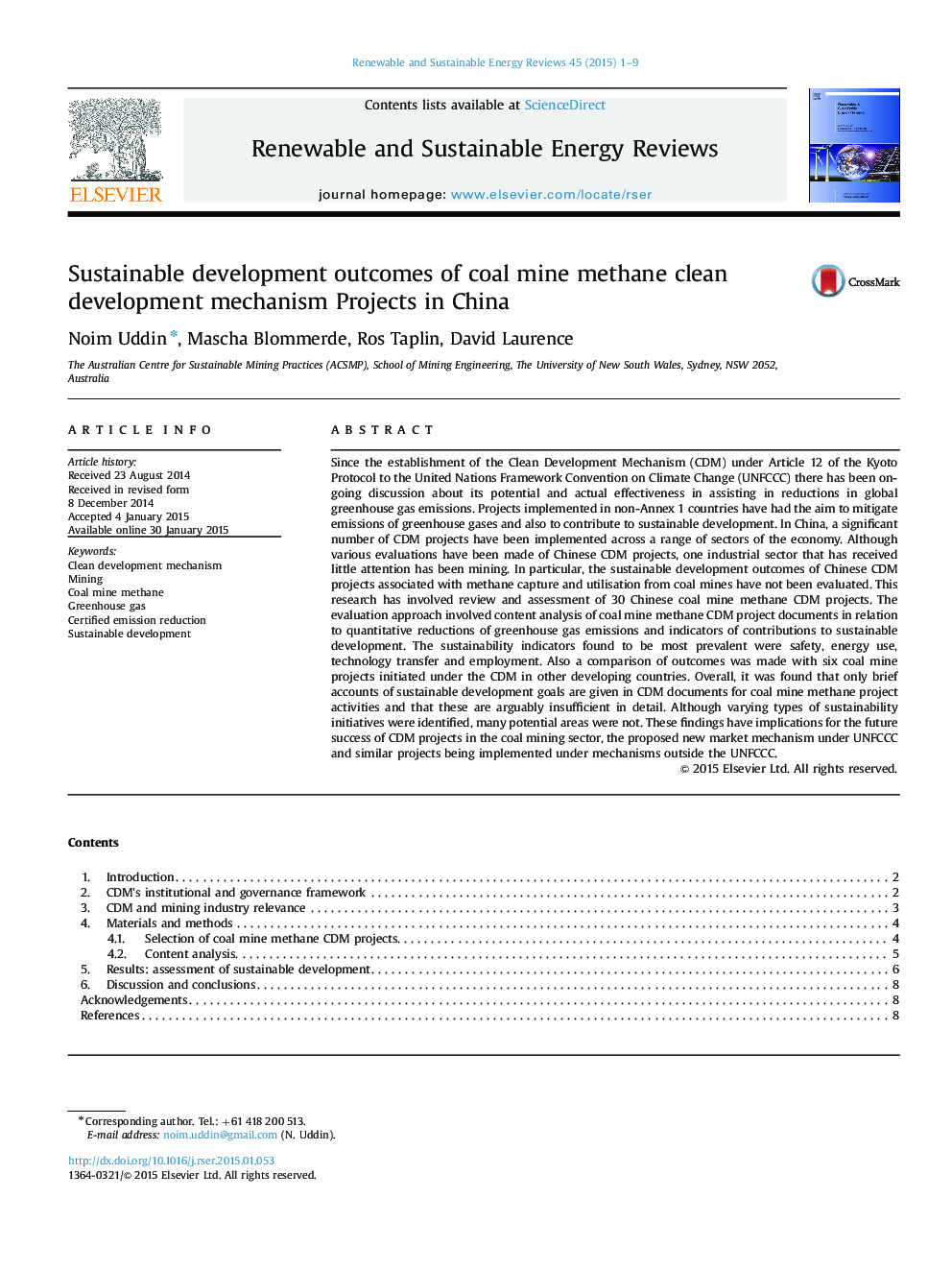 Sustainable development outcomes of coal mine methane clean development mechanism Projects in China