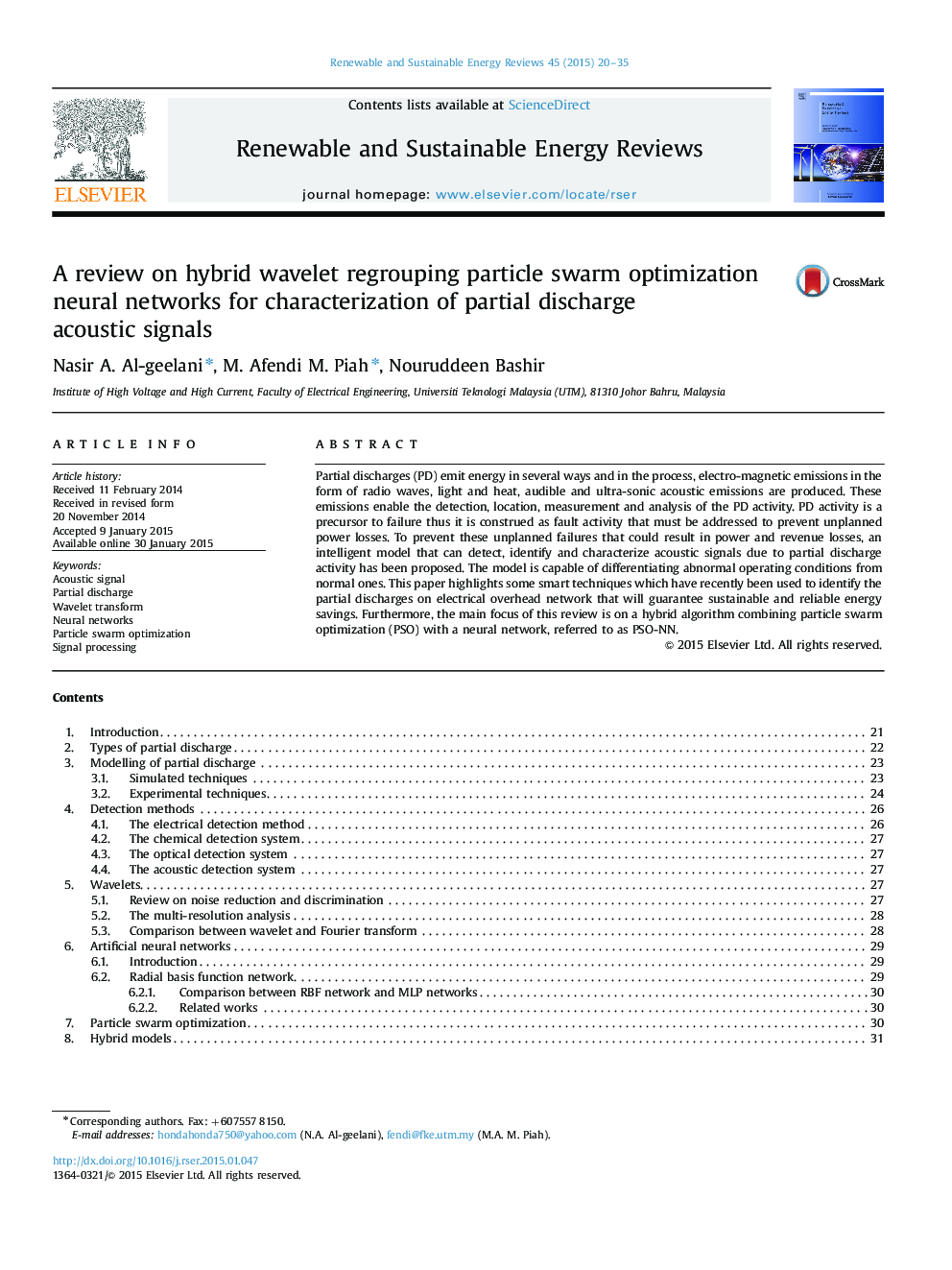 A review on hybrid wavelet regrouping particle swarm optimization neural networks for characterization of partial discharge acoustic signals