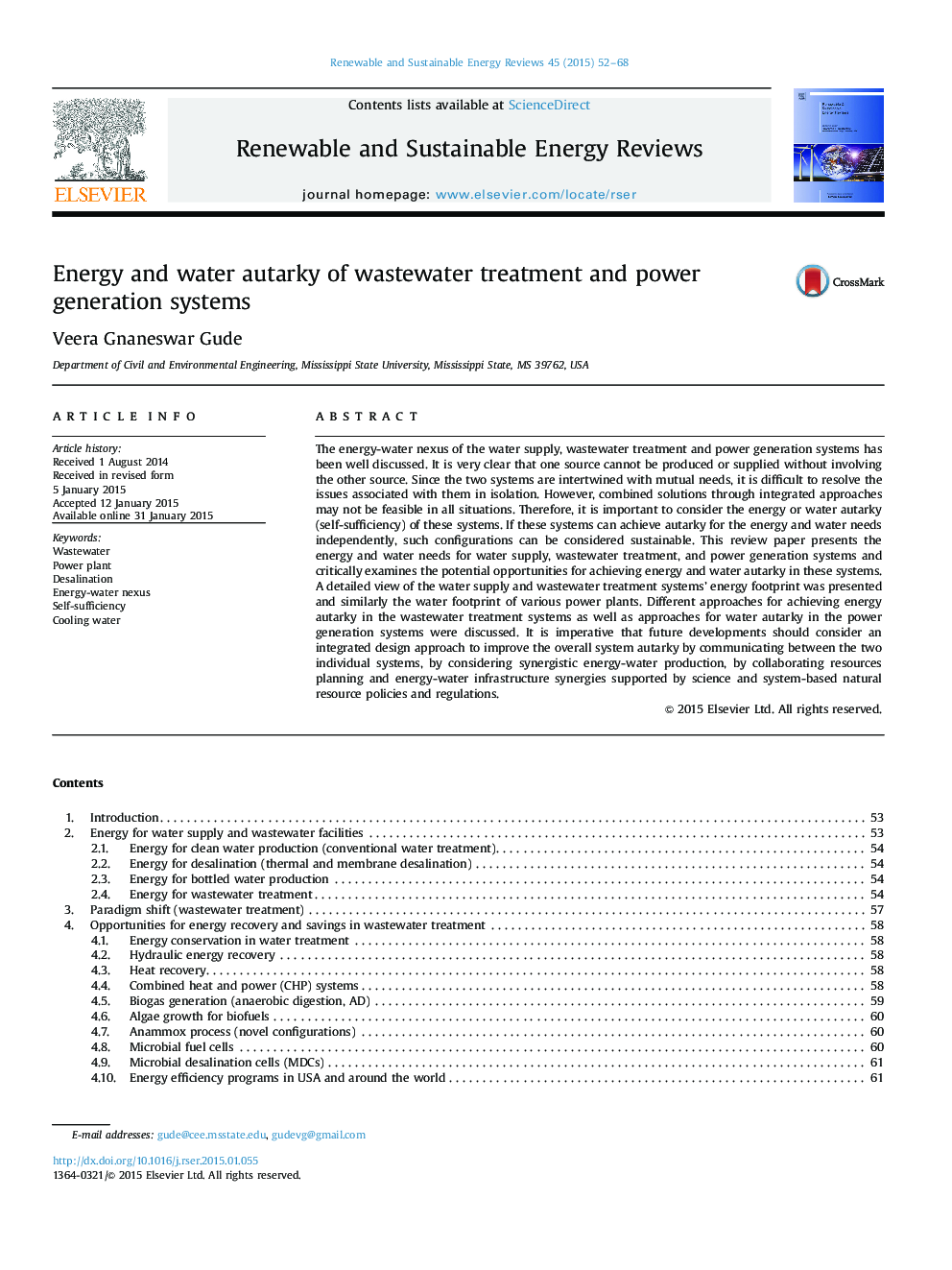Energy and water autarky of wastewater treatment and power generation systems