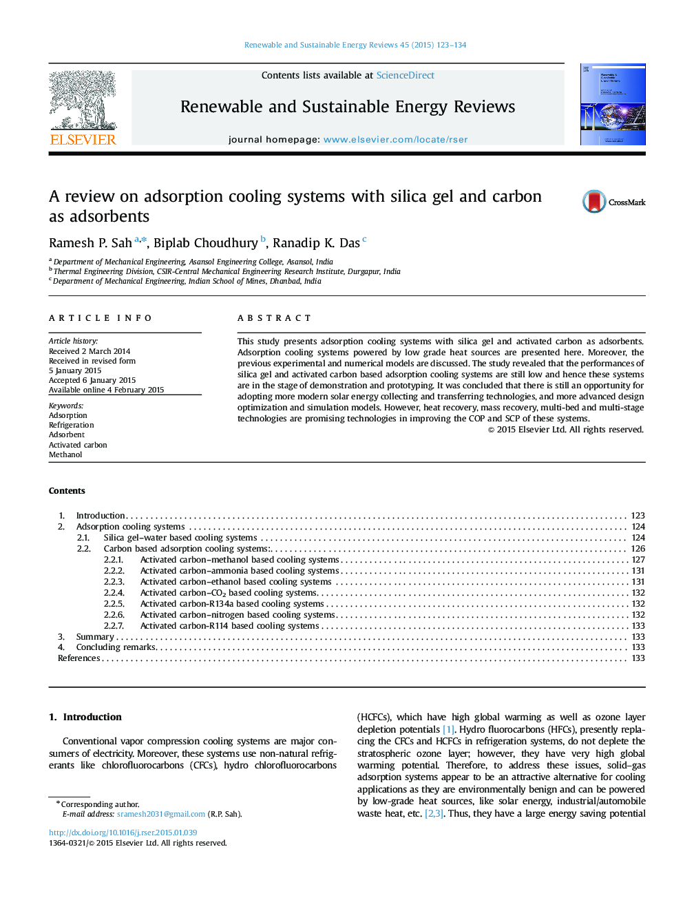 A review on adsorption cooling systems with silica gel and carbon as adsorbents