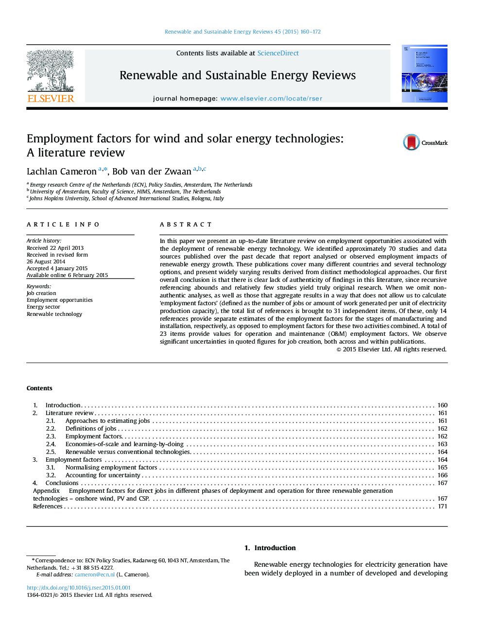Employment factors for wind and solar energy technologies: A literature review