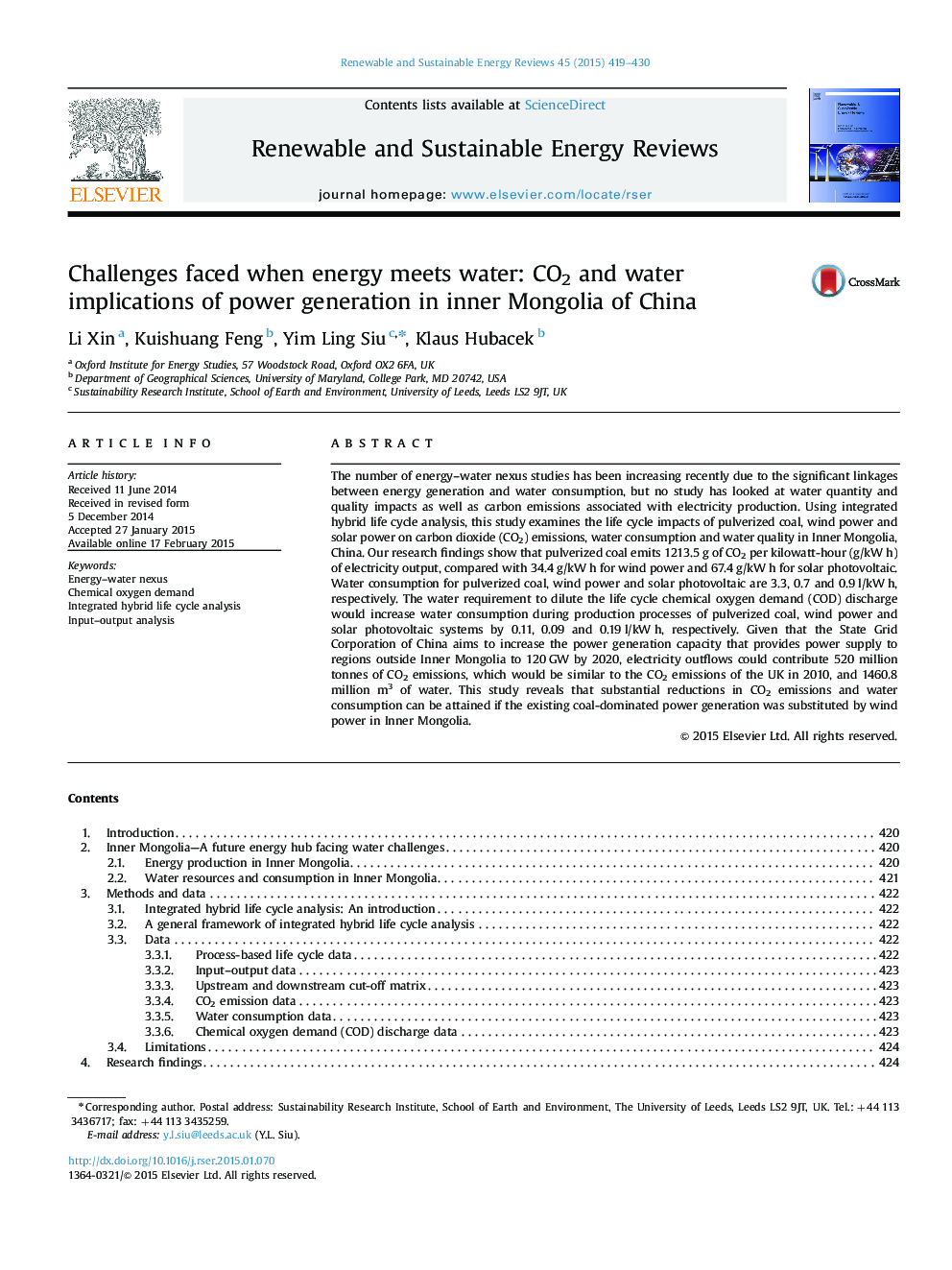 Challenges faced when energy meets water: CO2 and water implications of power generation in inner Mongolia of China