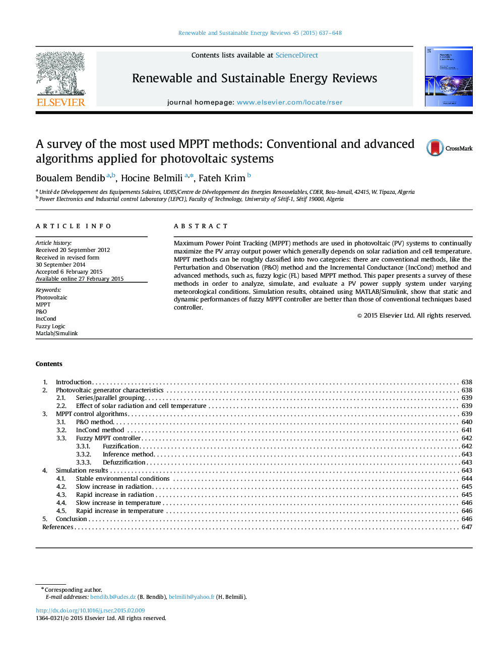 A survey of the most used MPPT methods: Conventional and advanced algorithms applied for photovoltaic systems